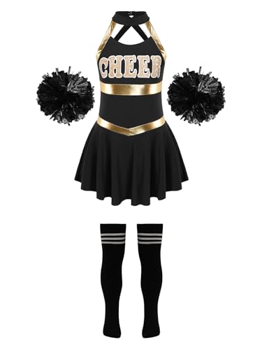 iEFiEL Mädchen Cheer Leader Tanzkostüm Set mit Pompoms Ärmellose Tanzkleid Cheerleading Outfit Tanzanzug Glitzer Bühnenkostüm Yb Schwarz + Weiß 170-176 von iEFiEL