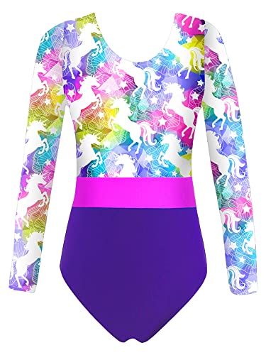 iEFiEL Mädchen Turnanzug Langarm Leotard Gymnastik Trikot Einhörner Muster Klassisch Gymnastikanzug für Kinder mit Kreuzen Rückchen Rosa Floral 122-128 von iEFiEL