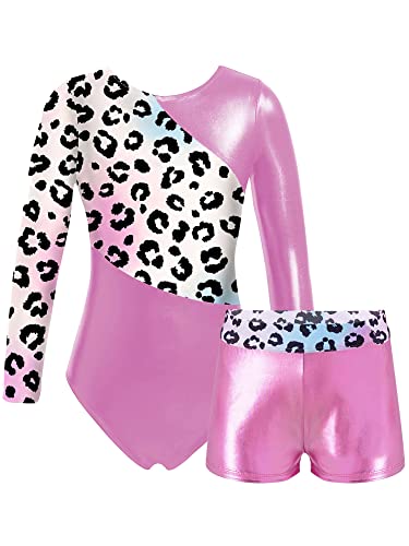 iEFiEL Mädchen Einhörner Turnanzug Langarm Glänzend Gymnastik Kleidung Set Muster Ballett Trikot Tanzkostüme Langarmbody mit Shorts Rosa Leopard 122-128 von iEFiEL