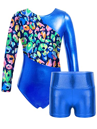 iEFiEL Mädchen Einhörner Turnanzug Langarm Glänzend Gymnastik Kleidung Set Muster Ballett Trikotanzug Tanzkostüme Langarmbody mit Shorts Royal Blau 110-116 von iEFiEL