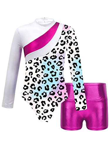 iEFiEL Mädchen Einhörner Turnanzug Langarm Glänzend Gymnastik Kleidung Set Muster Ballett Trikot Tanzkostüme Langarmbody mit Shorts Tc Rose Leopard 134-140 von iEFiEL