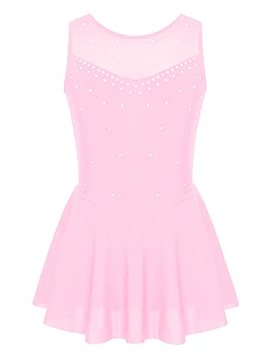 iEFiEL Mädchen Eiskunstlauf Kleid Glitzer Ballettkleid Ärmellos Ballettanzug Ballett Trikot Body mit Strass Wettbewerb Kostüm Gymnastikanzug Rosa 110-116 von iEFiEL