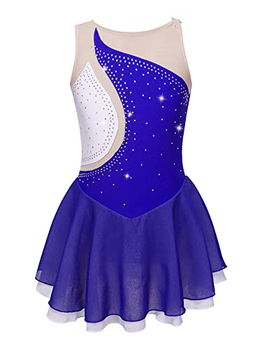 iEFiEL Mädchen Eiskunstlauf Kleid Glitzer Ballettkleid Ärmellos Ballettanzug Ballett Trikot Body mit Strass Wettbewerb Kostüm Gymnastikanzug Y Royal Blau 134-140 von iEFiEL