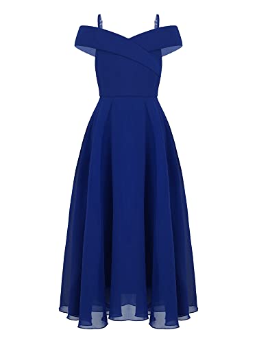 iEFiEL Mädchen Festlich Kleid Hochzeit Brautjungfern Kleider Chiffon Schulterfreies Kleider Ärmellose Sommer Kinderkleid Abendkleid Royal Blau Trägerkleid 134-140 von iEFiEL