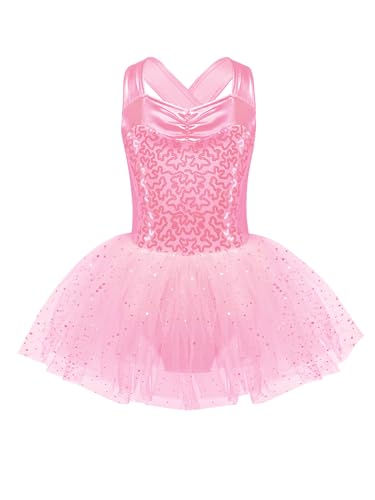 iEFiEL Mädchen Äremllose Ballettkleid Pailletten Ballett Trikotanzug Glitzer Tanzkleid Kurz Tanzanzug Einteiler Ballettbody Xb Rosa 158-164 von iEFiEL