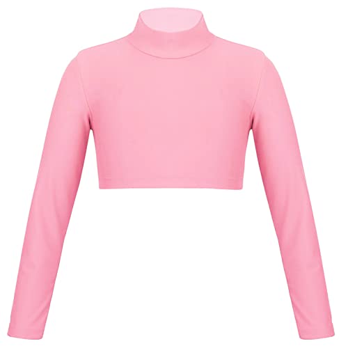 iEFiEL Mädchen Langarm Shirt Rollkragen Top Bauchfrei Oberteil Bluse Crop Top für Ballett Tanz Yoga Sport Workout Tanzbekleidung Rosa 152 von iEFiEL