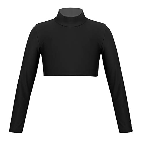 iEFiEL Mädchen Langarm Shirt Rollkragen Top Bauchfrei Oberteil Bluse Crop Top für Ballett Tanz Yoga Sport Workout Tanzbekleidung Schwarz 128 von iEFiEL