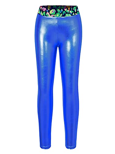 iEFiEL Mädchen Metallic Sporthosen Lang Strumpfhosen Eng Leggings Tanzkleidung Stretch Hosen Jogginghose Tanzkostüm Royal Blau 110-116 von iEFiEL