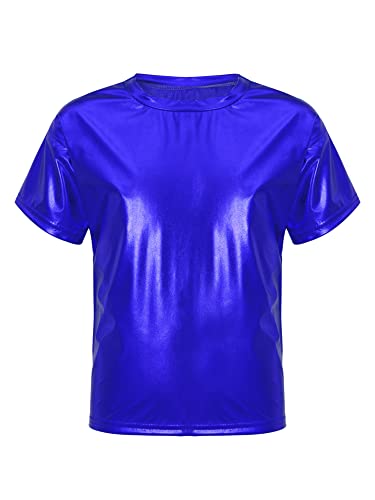 iEFiEL Mädchen Metallic T-Shirts Kruzarm Oberteile 80er Vintage Top Disco Tanzkostüm Bühnenkostüm Karneval Fasching Kostüm Royal Blau 110-116 von iEFiEL