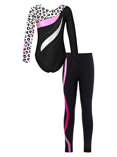 iEFiEL Mädchen Turnanzug Glitzer Gymnastik Leotard Langarm Akrobatik Anzug Tanzkostüme Turnbody mit Lang Sporthosen Jumpsuit Zb Leopard + Hot Rosa 110-116 von iEFiEL