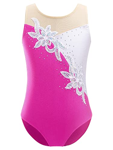 iEFiEL Mädchen Turnanzug Glitzer Gymnastikanzug ÄrmellosTurnanzug Glänzend Trikotanzug Gymnastik Leotard Training Gymnastikbody A Rose 158-164 von iEFiEL