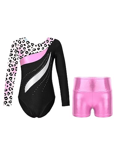 iEFiEL Mädchen Turnanzug Langarm Body Gymnastik Trikot Einhörner Muster Klassisch Gymnastikanzug für Kinder mit Kreuzen Rückchen Xc Leopard 110-116 von iEFiEL