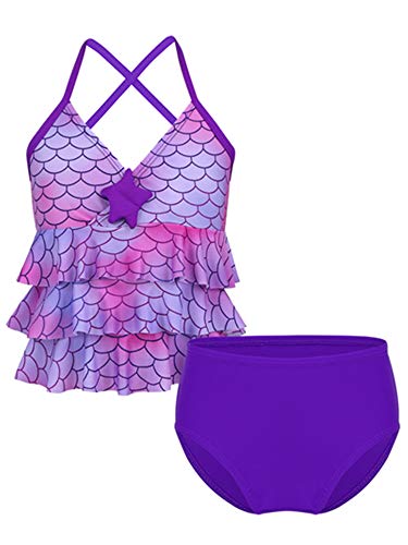 iEFiEL Meerjungfrau Bikini Set Mädchen Tankini Badeanzug Sommer Badebekleidung mit Fischschuppen gr. 98 104 116 128 140 152 164 A Lila 116 von iEFiEL