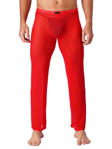 iEFiEL Herren Hose Mesh Schlafanzughosen Transparent Pyjamahose Unterhosen Lang Unterwäsche Strumpfhose Leggings Rot M von iEFiEL