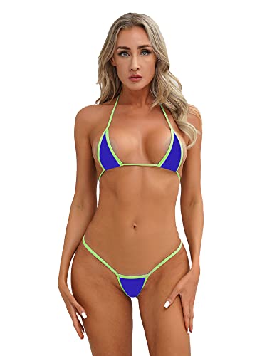 iEFiEL Transparent Damen Micro Bikini Set Spitze Bikinis mit Strings Tanga Mini Triangle Bra Neckholder Top BH Extrem Badeanzug Bademode Ya Royal Blau + Hell Grün Einheitsgröße von iEFiEL