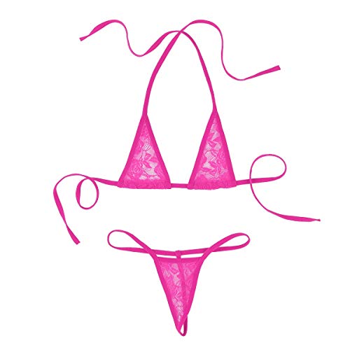 iEFiEL Transparent Damen Micro Bikini Set Spitze Bikinis mit Strings Tanga Mini Triangle Bra Neckholder Top BH Extrem Badeanzug Bademode Rose Einheitsgröße von iEFiEL