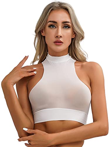 iEFiEL Transparente Damen Micro Bikini Top Kurzarm Unterhemd Bauchfreies Oberteil BH Crop Tops Bauchtanz Shirt Dessous Reizwäsche X Weiß Ärmellose Einheitsgröße von iEFiEL