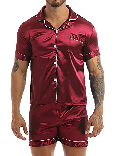 iEFiEL Herren Schlafanzug lang/kurz Satin Jungen Herren Pyjama kurz V-Ausschnitt Schlafanzug Zweiteiliger Sommer Loungewear Burgundy (Herren) XL von iEFiEL