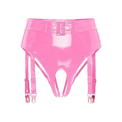 iEFiEL Wetlook Damen Hotpants Ouvert-Slip mit Spitze Rüsche Lackleder Strings Bikinislip Erotik Dessous Unterwäsche Shorts V Rosa M von iEFiEL