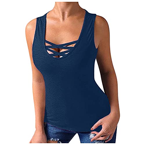 T-Shirt Damen Sexy Einfarbig Ärmellos U Hals Basic Unterhemden Oberteile Sommer Lose Casual Ringerrücken Blusen Tshirt Tank Top(Blau,S) von iHENGH