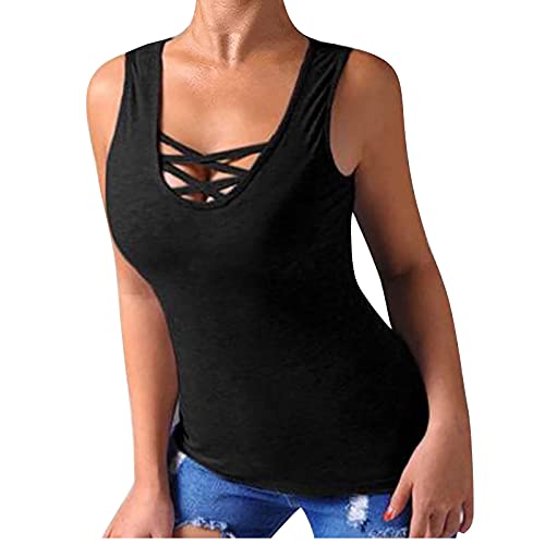 T-Shirt Damen Sexy Einfarbig Ärmellos U Hals Basic Unterhemden Oberteile Sommer Lose Casual Ringerrücken Blusen Tshirt Tank Top(Schwarz,XXL) von iHENGH