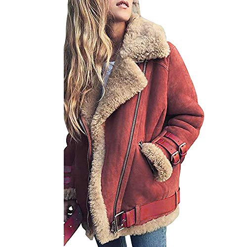 iHENGH Damen Warm bequem Parka Winter Jacke Faux Pelz Fleece Parka Mantel Outwear Revers Biker Motor Aviator (S, Rot) von iHENGH