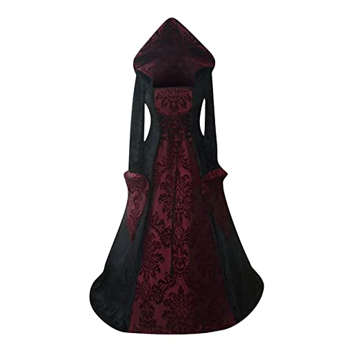 iHENGH Halloween Kostüm Damen Gothic Kleidung Übergröße Schnürkleid mit Kapuze, Vintage Mittelalter Kleid Trompetenärmel Maxikleider Renaissance Karneval Party Festlich Cosplay Dress (Minzgrün,L) von iHENGH