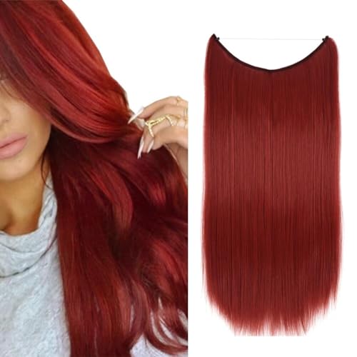 iLUU Synthetische Haarverlängerungen 22" 80G Unsichtbare String Lange Gerade Haarverlängerung Secret Line Haarteile Perücke Haarteile für Frauen Mädchen Lady Daily Use (#130M, Rot) von iLUU