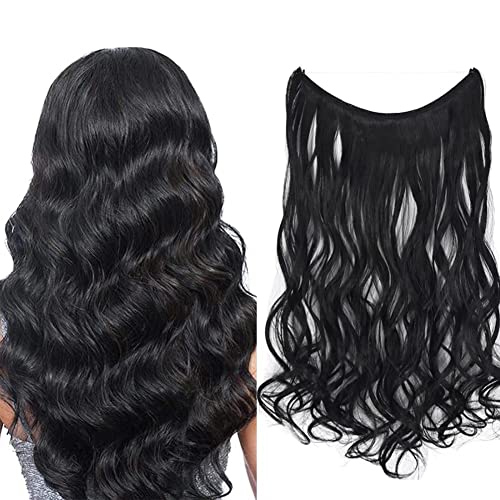 iLUU Curly Wavy Synthetische Haarverlängerungen Hitzebeständige Faserhaare 18" 80g Dicke Unsichtbarer Versteckter Draht Fischschnur Haarverlängerungen für Frauen Mädchen (#1 Schwarz) von iLUU