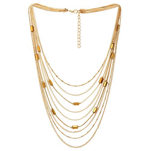 COOLSTEELANDBEYOND Gold Statement Choker Kragen Halsband Halskette Wasserfall Multi-Schichten Kette mit Rechteck Kristall Perlen Charme von COOLSTEELANDBEYOND