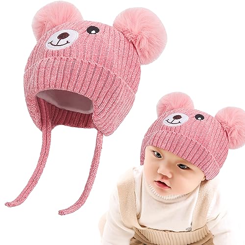 iNelihoo Baby Mütze Beanie Strickmütze Niedlich Bär Wintermütze mit Bommel Fleecefutter Beanie Mütze Ohrenschützer Hut Kleinkind Verdicken Warme Plüsh Gefüttert Mütze für 0-5 Jahre Jungen Mädchen von iNelihoo