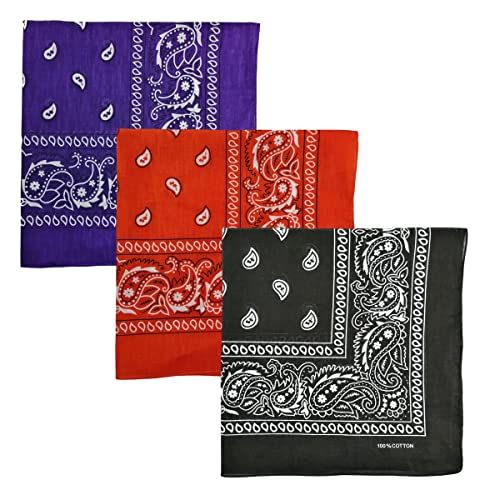 iPEAK Bandana 3 Stück Mehrzweck-Baumwolle Paisley Bandanas Schal Stirnband Gesichtsmaske Halstuch Taschentuch Union Jack Camouflage für Männer Frauen Kinder, Schwarz Rot Violett, M von iPEAK