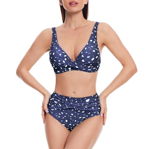 iSLASISIA Badeanzug für Damen, Twist-Front, hoch tailliertes Bikini-Set, Zweiteiliger Badeanzug（Blauer Druck,EU38） von iSLASISIA