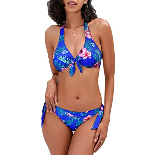 iSLASISIA Damen-Badeanzüge, zweiteilig, vorne zum Binden, Blumendruck, Push-Up-Halter, Bandage, Bikini mit Seitenbindung (Blaue & schwebende Blumen, EU42) von iSLASISIA