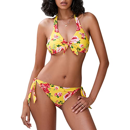 iSLASISIA Damen-Badeanzüge, zweiteilig, vorne zum Binden, Blumendruck, Push-Up-Halter, Bandage, Bikini mit Seitenbindung (Gelbe & schwebende Blumen, EU40) von iSLASISIA