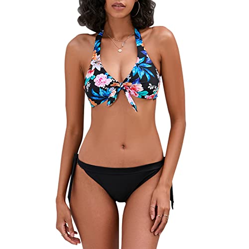 iSLASISIA Damen-Badeanzüge, zweiteilig, vorne zum Binden, Blumendruck, Push-Up-Halter, Bandage, Bikini mit Seitenbindung (Schwebende Blumen & Schwarz1, EU40) von iSLASISIA