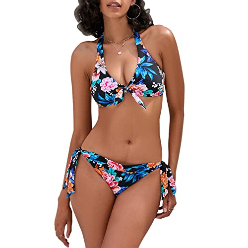 iSLASISIA Damen-Badeanzüge, zweiteilig, vorne zum Binden, Blumendruck, Push-Up-Halter, Bandage, Bikini mit Seitenbindung (Schwebende Blumen & Schwarz3, EU40) von iSLASISIA