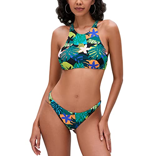 iSLASISIA Damen-Bikini-Badeanzug Criss Cross Back Triangle Bikini Tie Back Bikini Set Zweiteilige Badeanzüge (Bananenblätter, EU40) von iSLASISIA