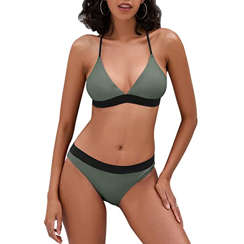 iSLASISIA Damen-Bikini-Badeanzug Criss Cross Back Triangle Bikini Tie Back Bikini Set Zweiteilige Badeanzüge (Grün & Schwarz, EU42) von iSLASISIA