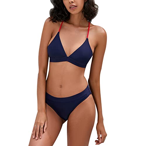 iSLASISIA Damen-Bikini-Badeanzug Criss Cross Back Triangle Bikini Tie Back Bikini Set Zweiteilige Badeanzüge (Marineblau, EU34) von iSLASISIA