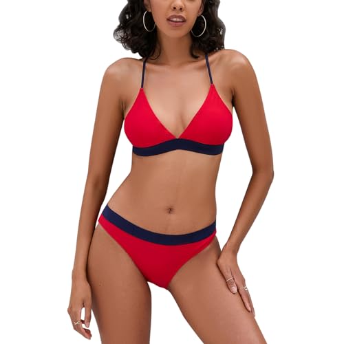 iSLASISIA Damen-Bikini-Badeanzug Criss Cross Back Triangle Bikini Tie Back Bikini Set Zweiteilige Badeanzüge (Rot + blau, EU34) von iSLASISIA