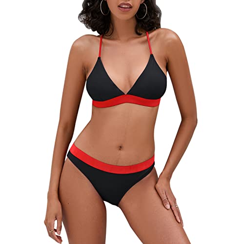 iSLASISIA Damen-Bikini-Badeanzug Criss Cross Back Triangle Bikini Tie Back Bikini Set Zweiteilige Badeanzüge (Schwarz & Rot, EU36) von iSLASISIA