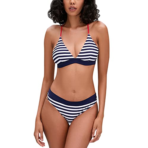 iSLASISIA Damen-Bikini-Badeanzug Criss Cross Back Triangle Bikini Tie Back Bikini Set Zweiteilige Badeanzüge (Streifen,EU34) von iSLASISIA