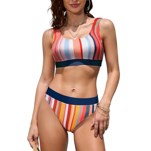 iSLASISIA Damen Sport Badeanzüge Zweiteiliger Crop Top Gerippter Bikini mit frechem Unterteil（Bunte Streifen,EU38） von iSLASISIA