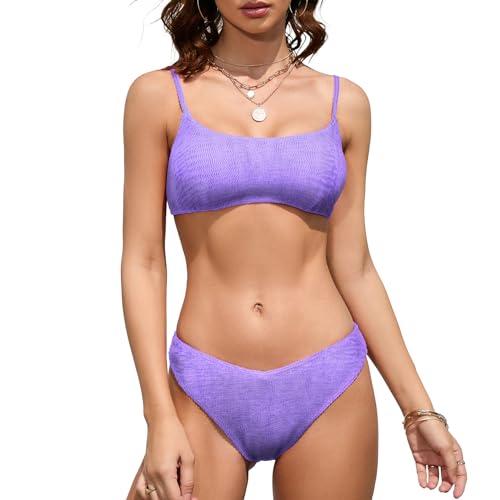 iSLASISIA Damen Sport Badeanzüge Zweiteiliger Crop Top Gerippter Bikini mit frechem Unterteil（Hellviolett,EU36） von iSLASISIA