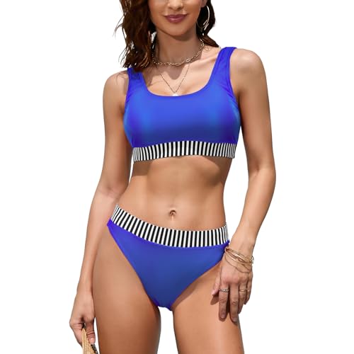 iSLASISIA Damen Sport Badeanzüge Zweiteiliger Crop Top Gerippter Bikini mit frechem Unterteil（Reines Blau,EU36） von iSLASISIA