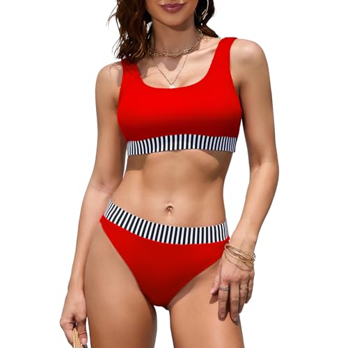 iSLASISIA Damen Sport Badeanzüge Zweiteiliger Crop Top Gerippter Bikini mit frechem Unterteil（Rot,EU38） von iSLASISIA