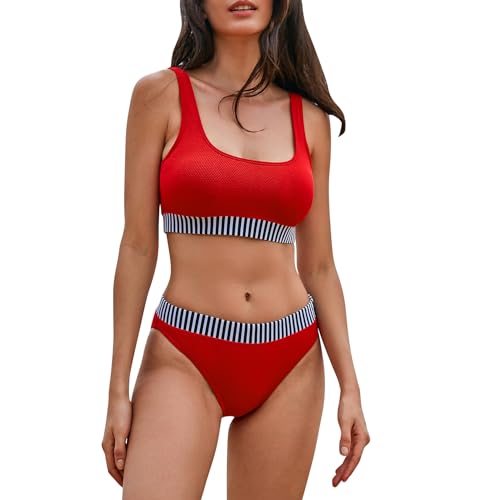 iSLASISIA Damen Sport Badeanzüge Zweiteiliger Crop Top Gerippter Bikini mit frechem Unterteil（Rot,EU40） von iSLASISIA