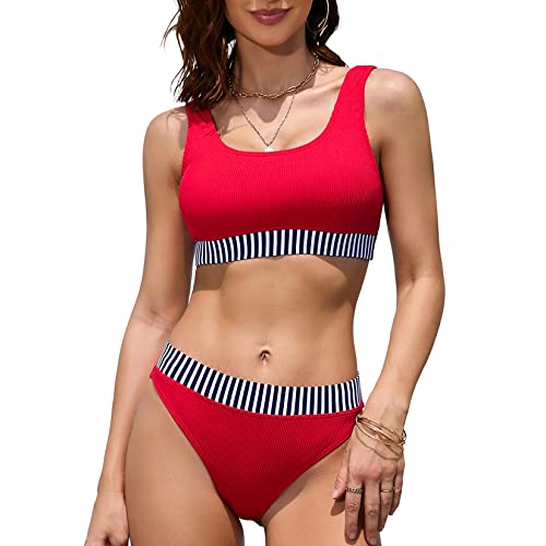 iSLASISIA Damen Sport Badeanzüge Zweiteiliger Crop Top Gerippter Bikini mit frechem Unterteil(Rot & Streifen,EU40) von iSLASISIA