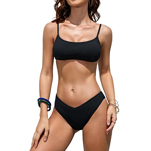 iSLASISIA Damen Sport Badeanzüge Zweiteiliger Crop Top Gerippter Bikini mit frechem Unterteil(Schwarz,EU36) von iSLASISIA